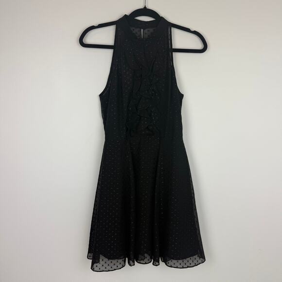 BCBGeneration Womens Sleeveless Halter High Neck Ruffle Dot Print Black Dress 6 - Picture 1 of 9